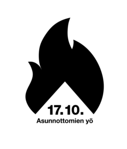 Asunnottomien yön logo. Musta liekkikuvio, jonka alla päivämäärä 17,10. ja teksti asunnottomien yö.