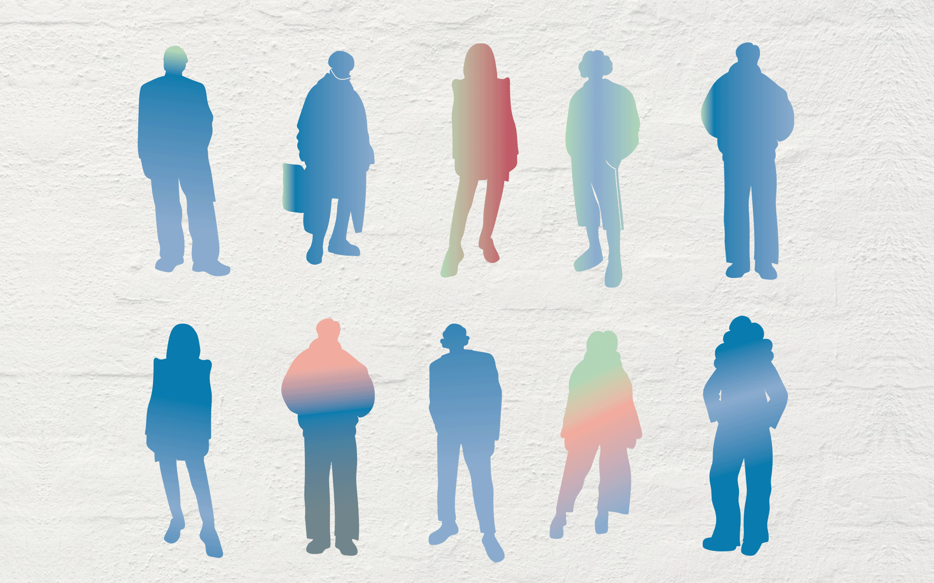 Sinisiä ja osin punertavia piirrosihmishahmoja vaalealla taustalla.