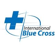 Vasemmalla sininen tasakokoinen risti, oikealla teksti International Blue Cross.